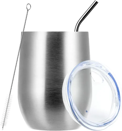 Miniatura 52 de MEWAY Vaso de vino sin tallo de 12 onzas con tapa, vaso de viaje de acero inoxidable con aislamiento de doble pared al vacío con popote, para Negro