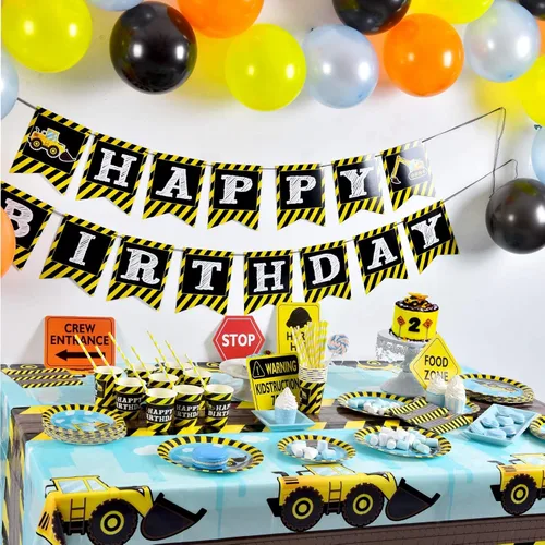 Miniatura 7 de WERNNSAI 1 mantel de construcción – Suministros de fiesta de cumpleaños de construcción, mantel de camión volquete de plástico, cubierta de mesa