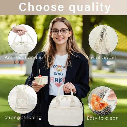 Miniatura 6 de Carry bloom Lonchera para mujer, lonchera aislada, bonita lonchera de pana reutilizable para el trabajo (1 rayas blancas y negras)