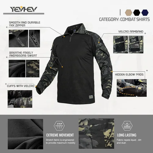 Miniatura 4 de YEVHEV G3 Camisa de camuflaje con coderas para hombres, uniforme táctico de caza, equipo de paintball Negro camuflaje/ volt/ blanco