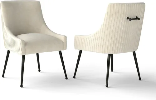 Juego de 2 sillas de comedor de terciopelo, sillas tapizadas beige para sala de estar con patas de metal negro, sillas decorativas modernas