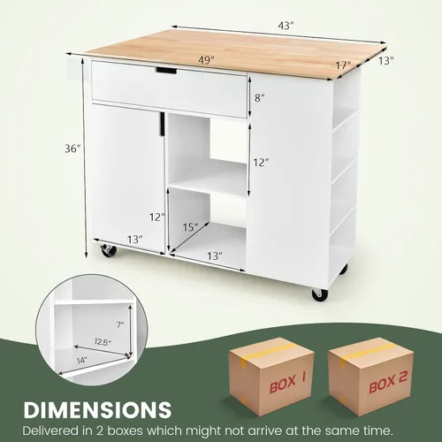 Miniatura 3 de LOKO Isla de cocina con hoja caída, carrito de almacenamiento de cocina rodante con cajón, gabinete, 6 estantes abiertos, estante de especias
