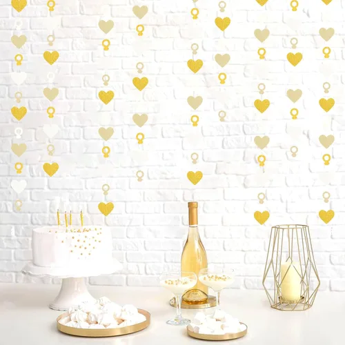 Miniatura 4 de Decoraciones de Fiesta de Despedida de Soltera de Compromiso Guirnalda Blanco-Dorado - Banderines de Papel con Corazón y Anillo de 52 Pies