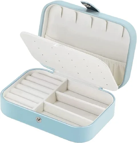 Miniatura 6 de Yiluana Joyero de viaje portátil para aretes, anillos, collares, pulseras, organizador de joyas pequeño con botón (azul claro)