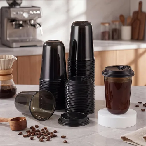 Miniatura 2 de Baderke Juego de 50 vasos de plástico negros con tapas, tazas de café helado con tapas, vasos de plástico desechables para bebidas frías, tapa