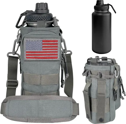 Miniatura 10 de Botella de agua aislada de 32 onzas, jarra de agua negra militar de acero inoxidable con manga, botellas de agua para gimnasio para hombres