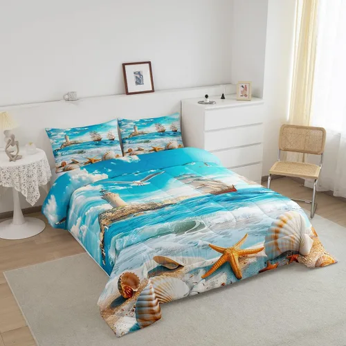 Miniatura 5 de Castle Fairy Juego de edredón de verano para niños, tamaño individual, diseño náutico reversible con diseño náutico de estrellas de mar, barco y Azul