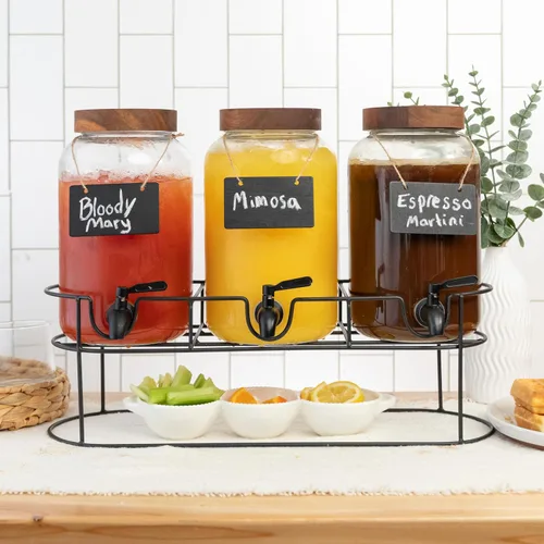 Ilyapa Dispensador de bebidas de vidrio para fiestas - paquete de 3, dispensador triple de bebidas múltiples de 1 galón con soporte, tapas de madera