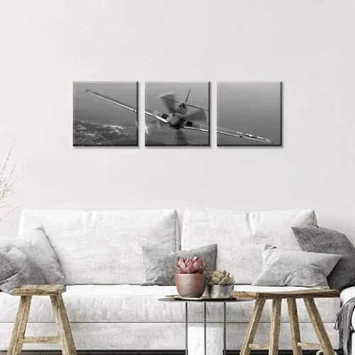 Miniatura 3 de 3 piezas de arte de pared en lienzo en blanco y negro vintage de la Segunda Guerra Mundial, aviones de combate militares, impresiones de fotografía