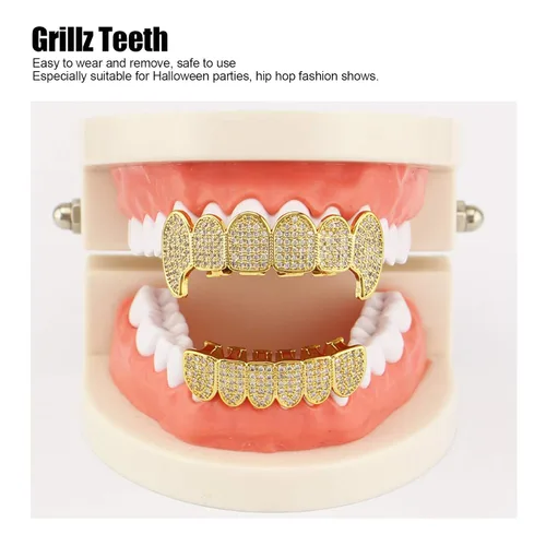 Miniatura 2 de Rejillas de dientes de cobre chapado en frío, oro plateado, dientes de diamante helados para hombres y mujeres rapero traje dientes joyería