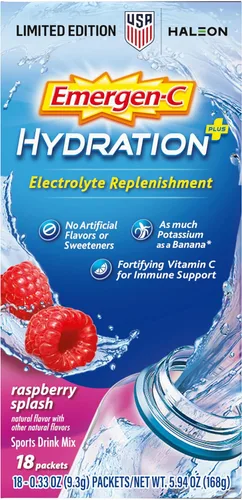 Miniatura 10 de Emergen-C Hydration+ - Mezcla de bebida deportiva con vitamina C (18 unidades, sabor a frambuesa), reposición de electrolitos, paquetes de polvo
