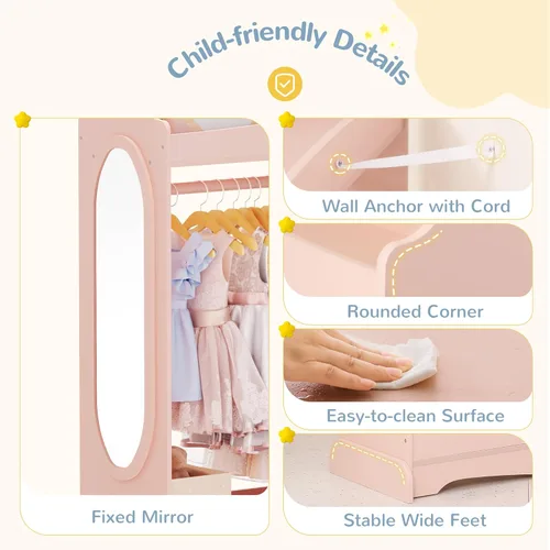 Miniatura 6 de Curipeer Almacenamiento de disfraces para niños con espejo, armario para niños con almacenamiento y 3 ganchos, armario para niños y niñas