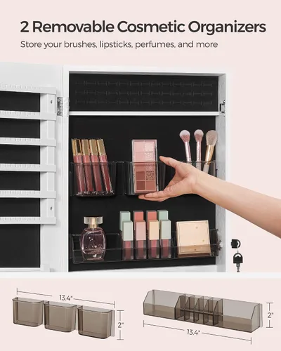 Miniatura 37 de SONGMICS Gabinete colgante de joyería, gabinete de pared con luces interiores LED, organizador de joyas montado en la puerta, espejo de cuerpo Blanco