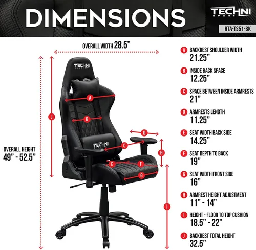Miniatura 3 de Techni Sport RTA-TS51-BK - Silla para juegos, color negro Adjustable lumbar support, adjustable armrests, carbon fiber look, 300 lb capacity
