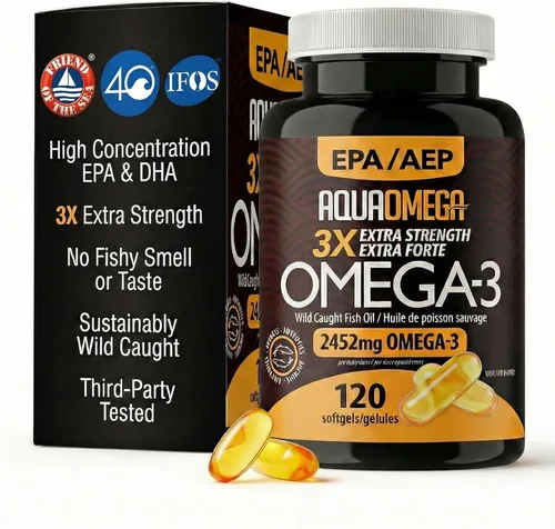 AQUAOMEGA 3X Aceite de pescado omega-3 extra fuerte para apoyo cardíaco, cerebro e inmunológico, 1636 mg EPA, 544 mg de DHA + vitamina D3, forma de