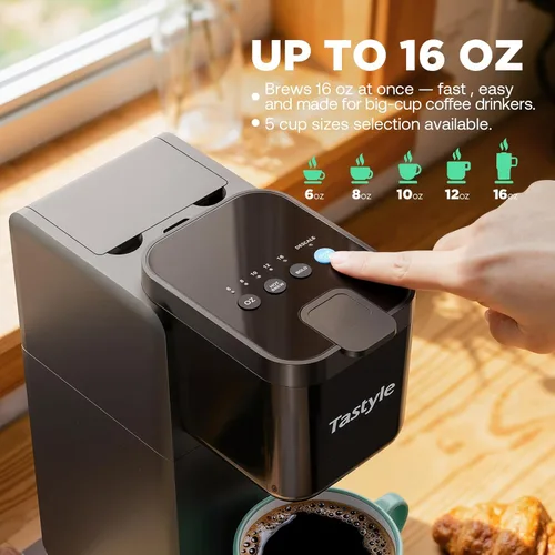 Miniatura 4 de Tastyle Cafetera de una sola porción para K Cup y café molido Prepara hasta 16 onzas, se adapta a tazas de viaje de 7.3 pulgadas Caliente, audaz