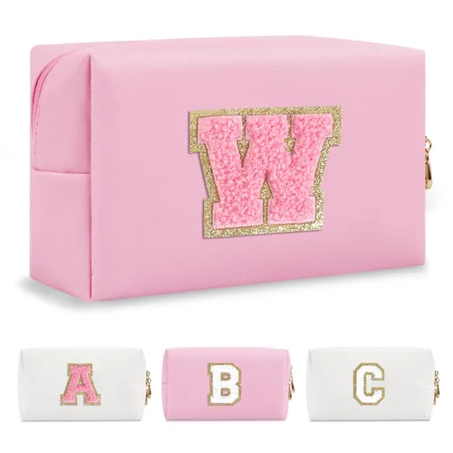 Miniatura 209 de Pequeña bolsa de maquillaje personalizada con inicial A-Z Preppy Patch, bolsa de cosméticos de viaje de felpilla blanca con cremallera, bonita bolsa