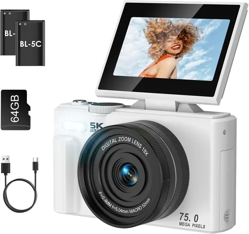 Miniatura 8 de Cámara digital 5K para fotografía, enfoque automático 75MP WiFi Vlogging cámara para YouTube con pantalla abatible de 180° de 3 pulgadas, cámara