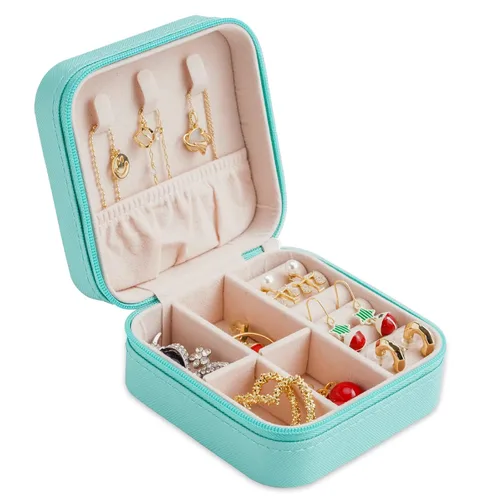 Miniatura 6 de Mini caja de joyería portátil de viaje de cuero organizador de anillos de joyería caja de regalo para niñas y mujeres azul