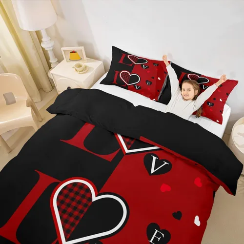 Miniatura 5 de Juego de funda de edredón para parejas, tamaño individual, romántico, amor, señor, señor, señor, señor, mujer, rojo, negro, búfalo, corazón