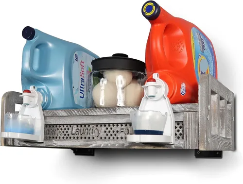 Miniatura 7 de Soporte de madera para detergente para ropa – Estante rústico de lavandería para dos botellas de detergente, almacenamiento y decoración