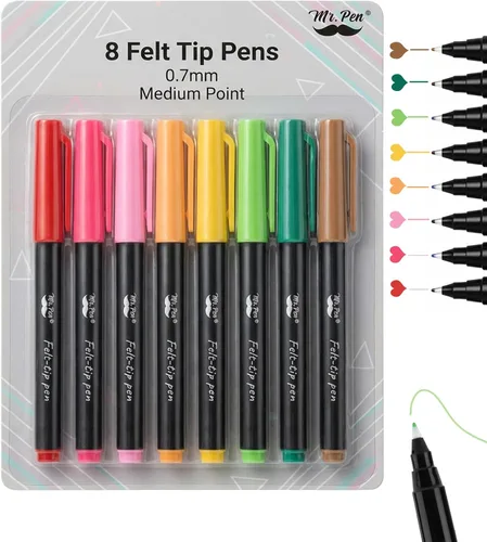 Miniatura 13 de Mr. Pen - Bolígrafos de punta de fieltro, paquete de 8, 0.028 in, colores surtidos, secado rápido, bolígrafos de punta de fieltro fina para artes