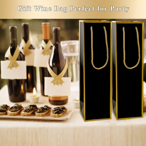 Miniatura 7 de Miraclekoo Bolsas de regalo de vino de lujo – Bolsa de vino negro de lámina dorada, 4 piezas (4 x 4 x 13.8 pulgadas) para botellas de whisky/licor