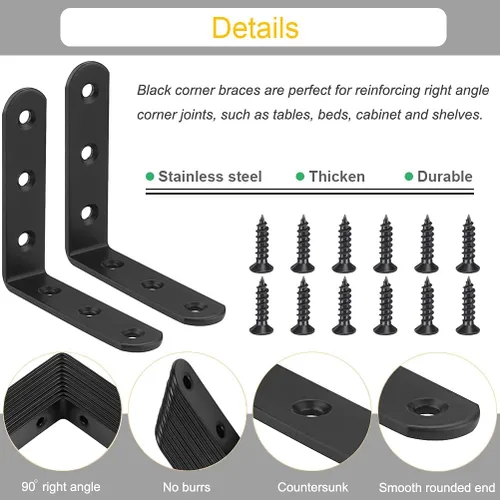 Miniatura 3 de 10 Abrazaderas de Esquina en L Negras de 4 Pulgadas de Acero Inoxidable Resistente, Soporte de Estante para Madera, Estantes, Soporte para Colgar