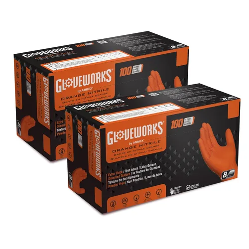 Miniatura 11 de GLOVEWORKS Guantes de trabajo de nitrilo naranja de 8 mil, desechables, resistentes, con agarre de diamante elevado, guante mecánico, XXL, caja