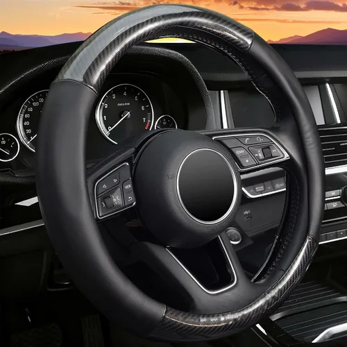 Miniatura 8 de ZHOL - Funda para volante de fibra de carbono, tamaño estándar universal de 37-38 cm, accesorios de moda y deporte para volante de coche para Negro