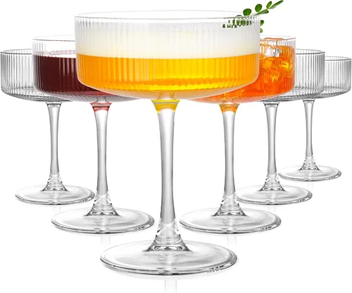 Amyoole Juego de Vasos de Copa Vintage acanalados de 6-11oz de Cristal 100% Transparente Elegantes Vasos de Cóctel, Cristalería Transparente para