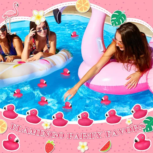 Miniatura 6 de Honoson 100 patos de goma flamencos a granel flamencos rosados recuerdos de fiesta juguete de baño piscina flotante chirriante patos de goma