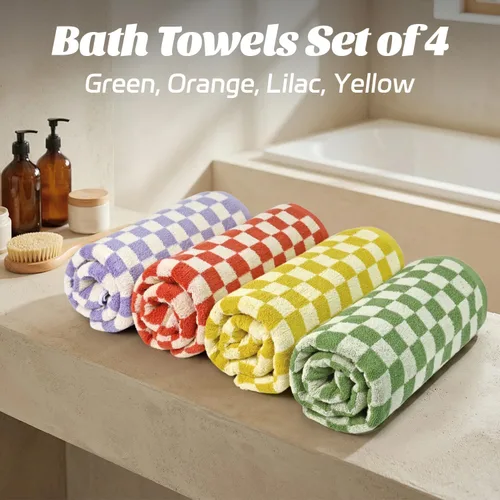 Miniatura 3 de Jacquotha Juego de 4 toallas de baño a cuadros 100% algodón para baño, ducha, piscina y playa (morado, amarillo, verde, naranja), 520 GSM