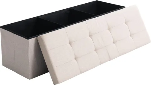 Miniatura 16 de Otomano de Almacenamiento Cúbico Pequeño, Reposapiés Plegable, Asiento Cuadrado, Otomano Acolchado de Lino Beige