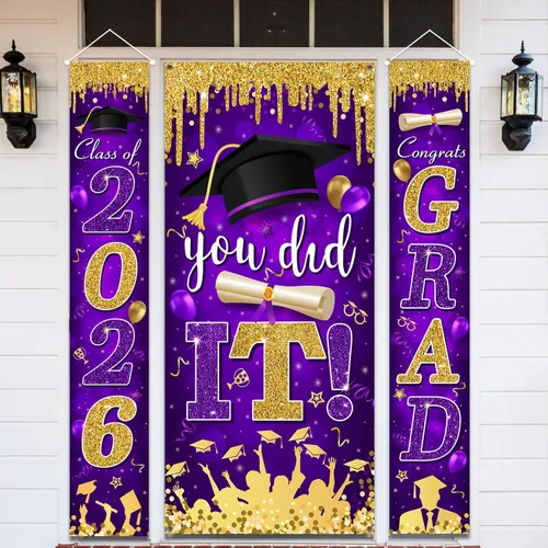 Miniatura 9 de Decoraciones de graduación negras y doradas para la clase de 2026 con texto en inglés "Congrats Grad and You Did It" para suministros de fiesta