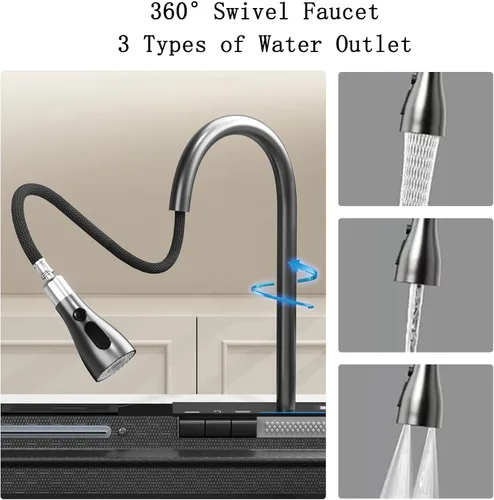 Miniatura 3 de Fregadero de cocina de acero inoxidable 304 bajo encimera empotrable de un solo cuenco, con grifo de cabezal rociador extraíble, con lavadora