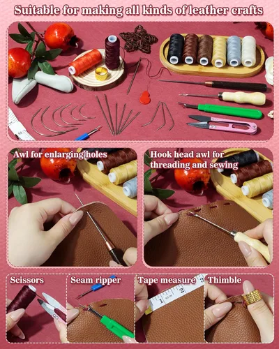 Miniatura 5 de PLANTIONAL Leather Sewing Kit, 47 Pcs Heavy Duty Upholstery Repair Kit with Waxed Thread, Sewing Awl, Hand Stitching Needles, Leatherworking Tools