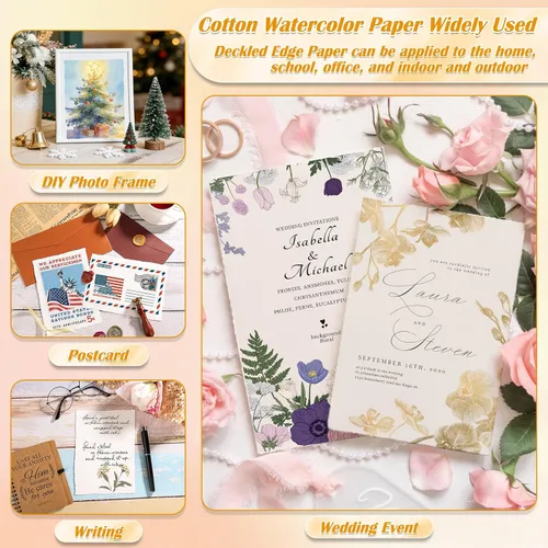 Miniatura 5 de 50 hojas de papel de acuarela de borde deckled de 10.58 oz/m², papel de acuarela hecho a mano de 5 x 7 pulgadas, papel de algodón rugoso