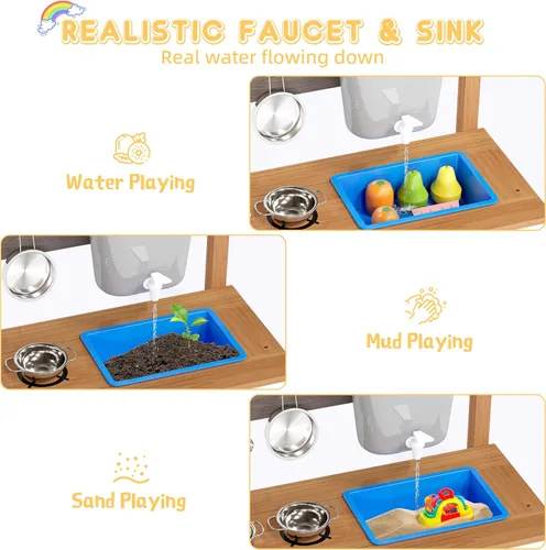 Miniatura 4 de Cocina de madera para niños, cocina de barro al aire libre con juego de agua y juguetes de cocina, juego en el patio trasero para niños de más de 3