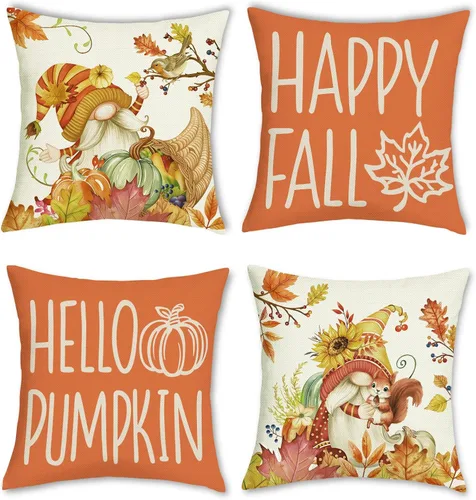 Miniatura 8 de Bonhause Juego de 4 fundas de almohada de gnomos de otoño de 18 x 18 pulgadas, diseño de calabaza y hojas de arce otoñales, fundas de almohada