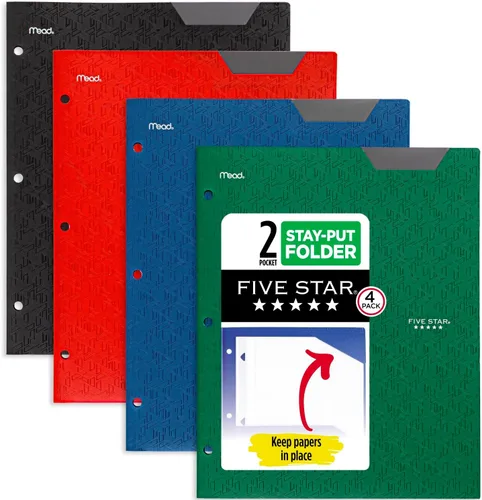 Five Star Carpeta de plástico con 2 bolsillos, pestañas que se mantienen en su lugar y sujetadores de puntas, se adapta a carpetas de 3 anillas,