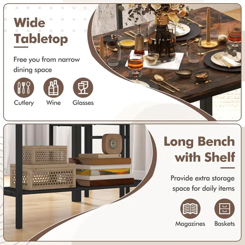 Miniatura 3 de GOFLAME Juego de mesa de comedor de 4 piezas para 4, mesa de cocina industrial con 2 sillas y banco, juego de mesa de desayuno que ahorra espacio