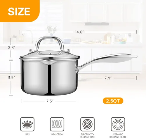 Miniatura 2 de Cacerola de acero inoxidable con tapa de vidrio templado, olla multiusos de 2.5 cuartos de galón, olla para verter fácilmente con mango ergonómico