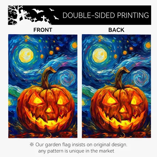 Miniatura 2 de Bandera de jardín de Halloween, bandera de jardín de calabaza Van Gogh, banderas de jardín, artes, cielo nocturno estrellado, luna, bandera