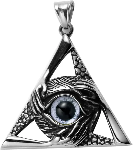 Miniatura 6 de Collar con dije de ojo malvado vintage de acero inoxidable con forma de triángulo para hombres y mujeres, cadena de 24 pulgadas