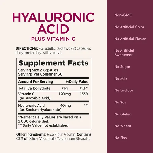 Miniatura 5 de Nature's Bounty Suplemento de vitamina C y ácido hialurónico, apoya la piel brillante, la función inmunológica y la producción de colágeno, 120