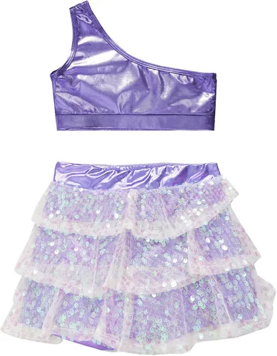 Miniatura 70 de JEATHA Top corto con borlas y lentejuelas brillantes para niñas, con minifalda, jazz latino, salsa, samba, rumba, baile