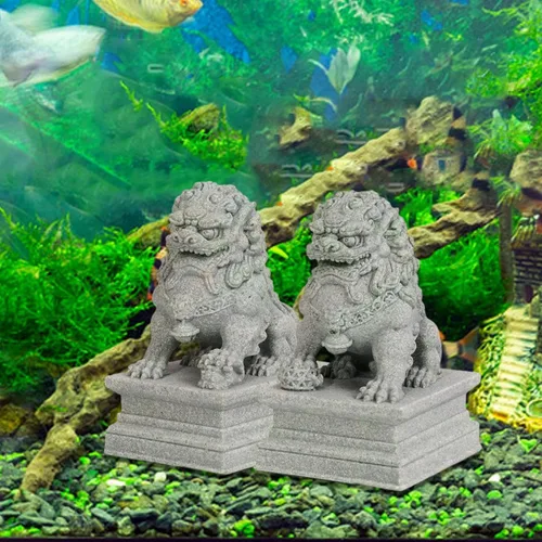 Miniatura 4 de 2 piezas de mini estatuas de león de piedra, decoración de acuario, decoración china de Feng Shui, adorno de pecera, figuras de león para gabinete