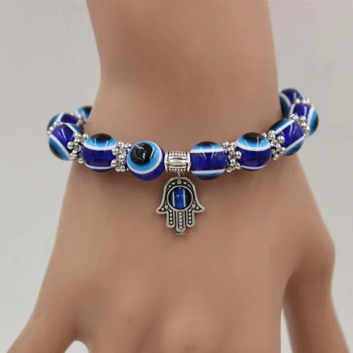 Miniatura 4 de Evil Eye Hamsa Blue Beaded Charm Stretch Bracelet Hand of Fatima Turkish Lucky Evil Eye Bracelet for Protection and Blessing