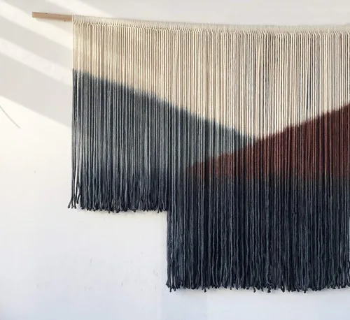 Miniatura 4 de Flber Tapiz de macramé para colgar en la pared, diseño geométrico de teñido anudado negro, decoración de pared bohemia para el hogar, 59 pulgadas